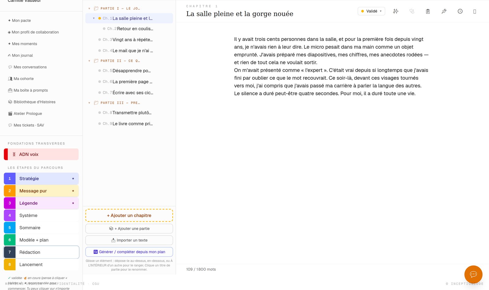 L'Établi : la structure du livre en parties et chapitres, avec le chapitre en cours ouvert à côté