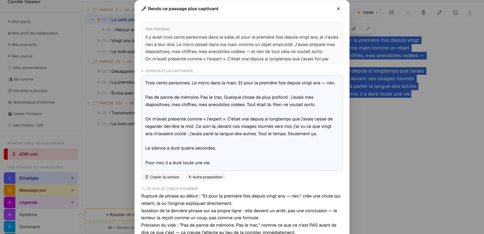 Une proposition de réécriture affichée à côté du passage de l'auteur, avec le détail de ce qui a été changé